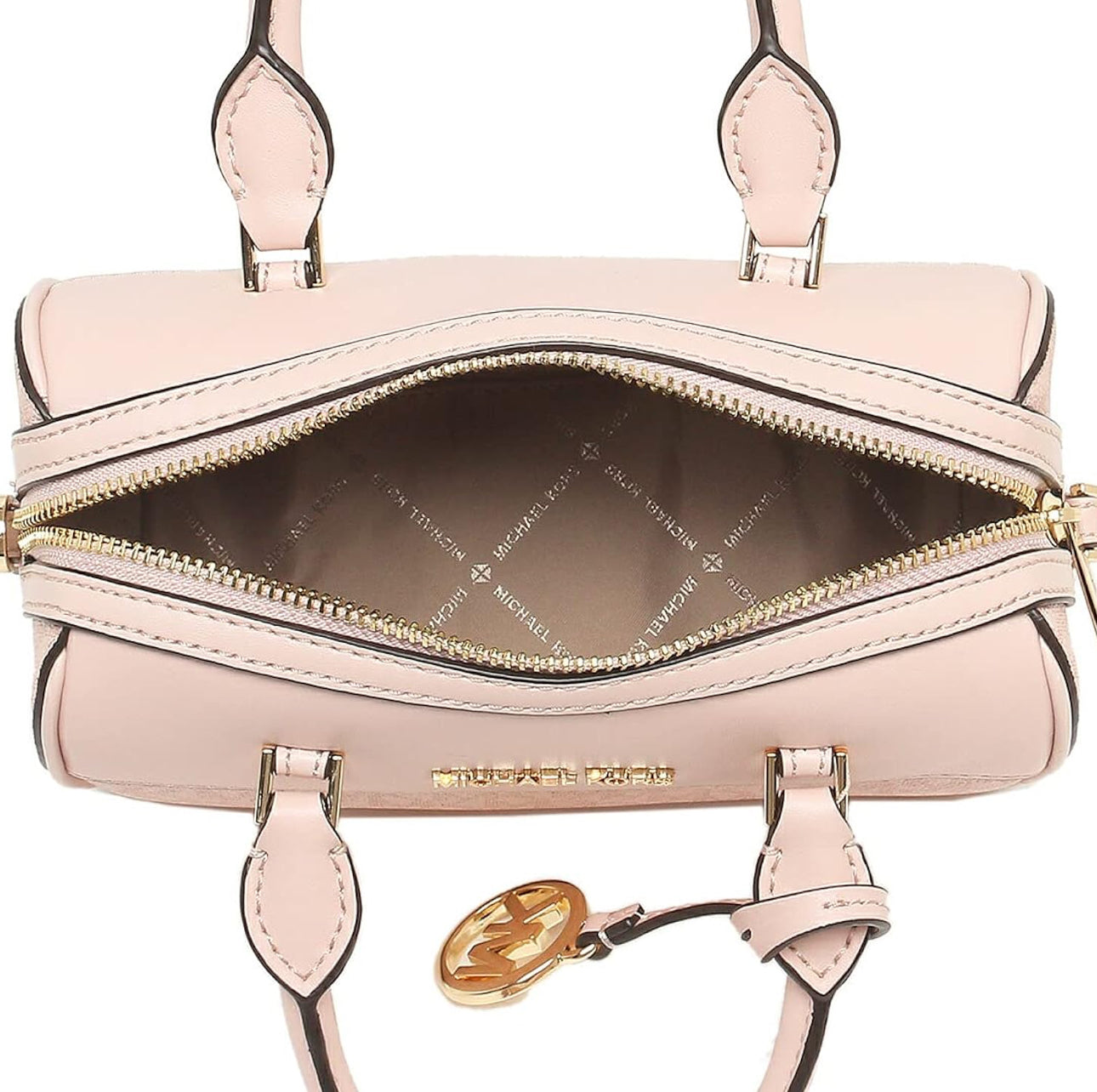 Crossbody Michael K Travel rosa con monogram y detalles dorados