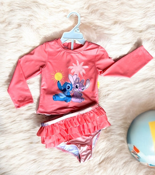 Traje de baño Disney niña coral Stitch 2pzs playerita manga larga, olanes en bikini