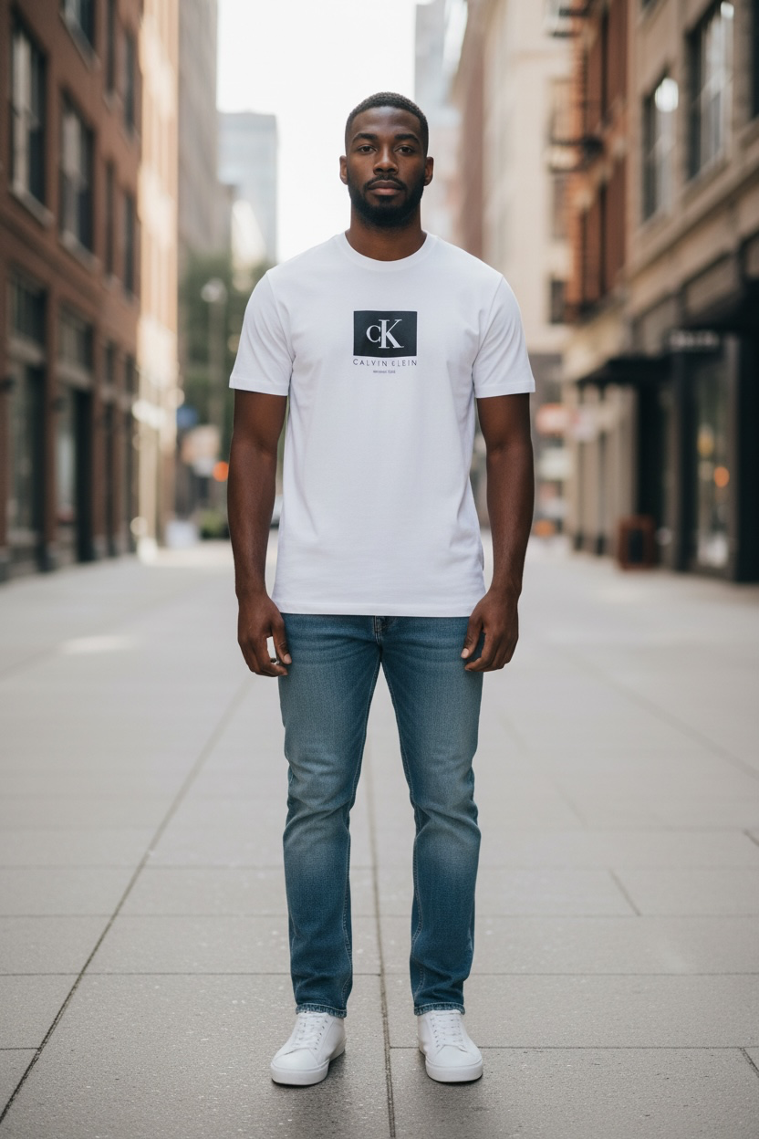 Playera Calvin K blanca con logo de goma negro