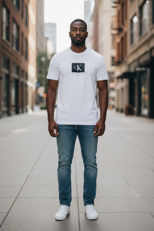 Playera Calvin K blanca con logo de goma negro