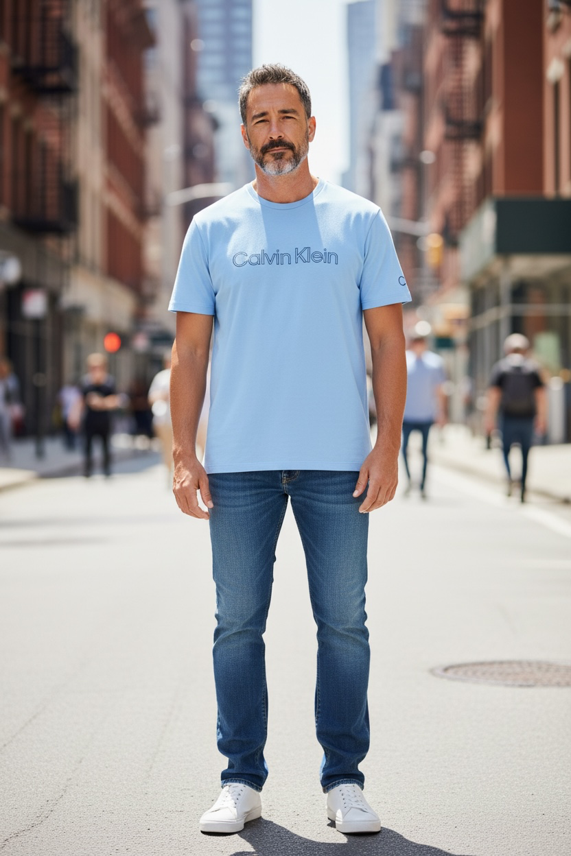 Playera Calvin k azul con letras azul
