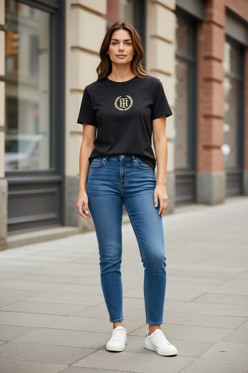 Playera Tommy H negra con guirnaldas doradas