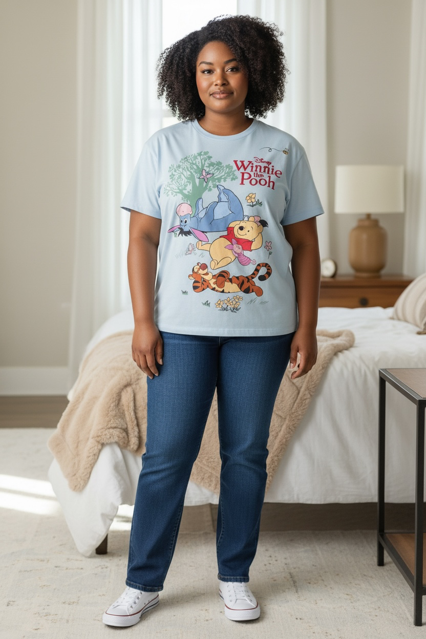 Playera Disney de Winnie the Pooh azul con letras rojas bordadas