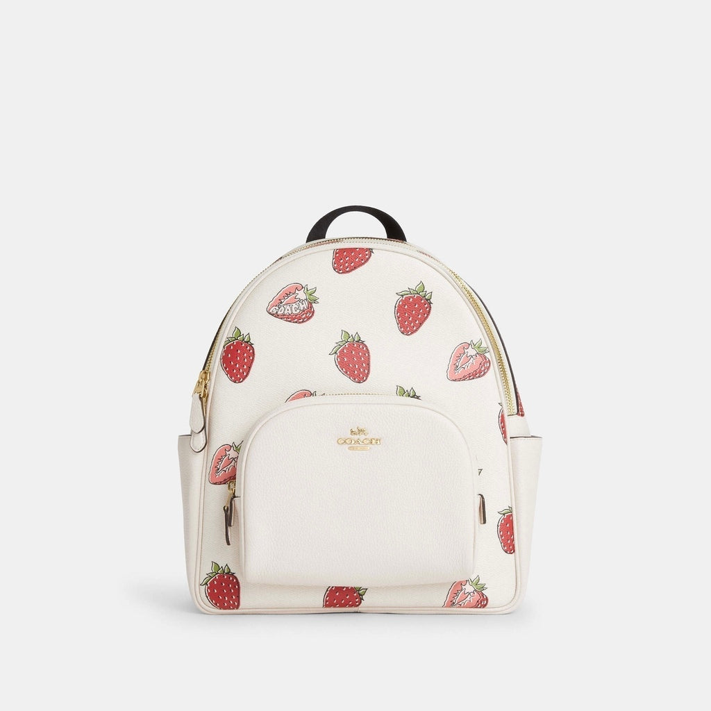 Backpack Coach beige con fresas, strap negro y placa dorada