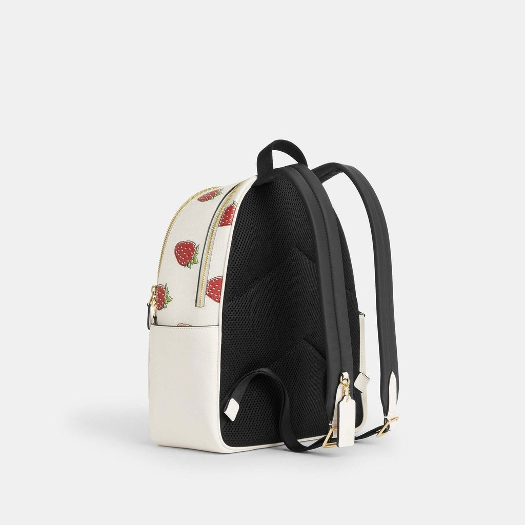 Backpack Coach beige con fresas, strap negro y placa dorada