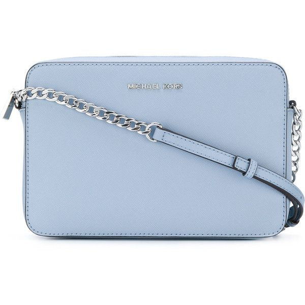 Crossbody Michael k azul claro con cadena en strap y placa plateada