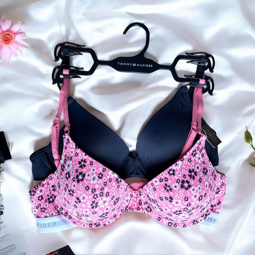 Brasier Dúo Tommy H azul marino y rosa con flores, resorte blanco