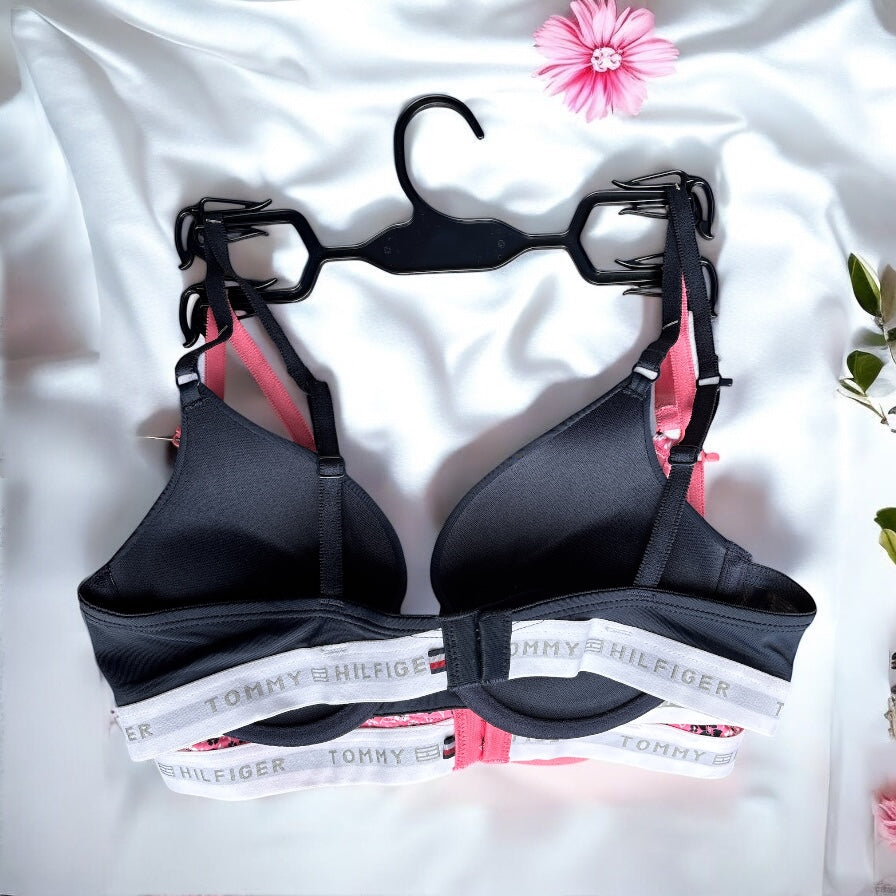 Brasier Dúo Tommy H azul marino y rosa con flores, resorte blanco