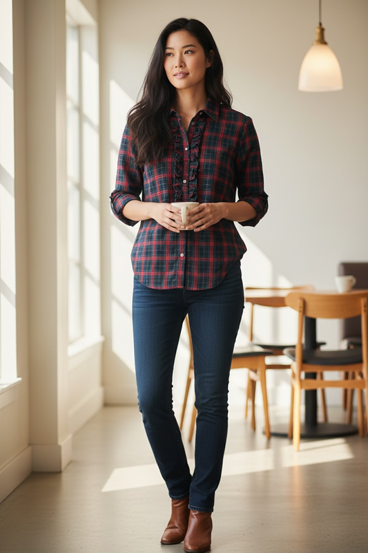 Blusa Tommy H de cuadros verde y rojo