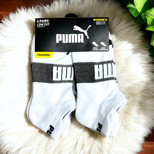 Tines Puma blancos con línea negra/letras blancas y nombre en talón