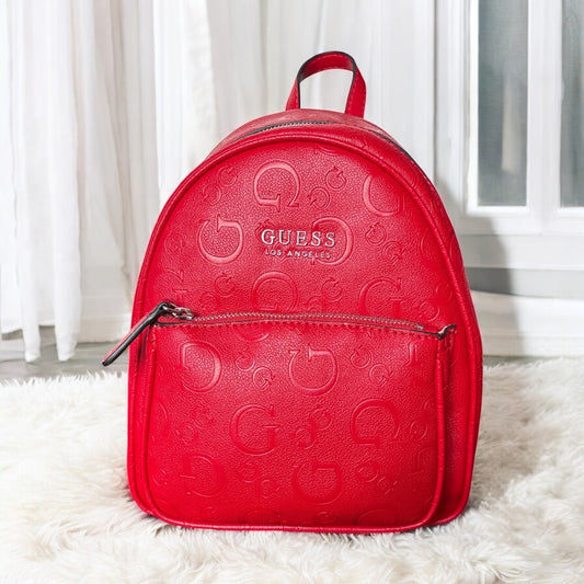 Backpack Guess roja con monogram grabado y placa plateada