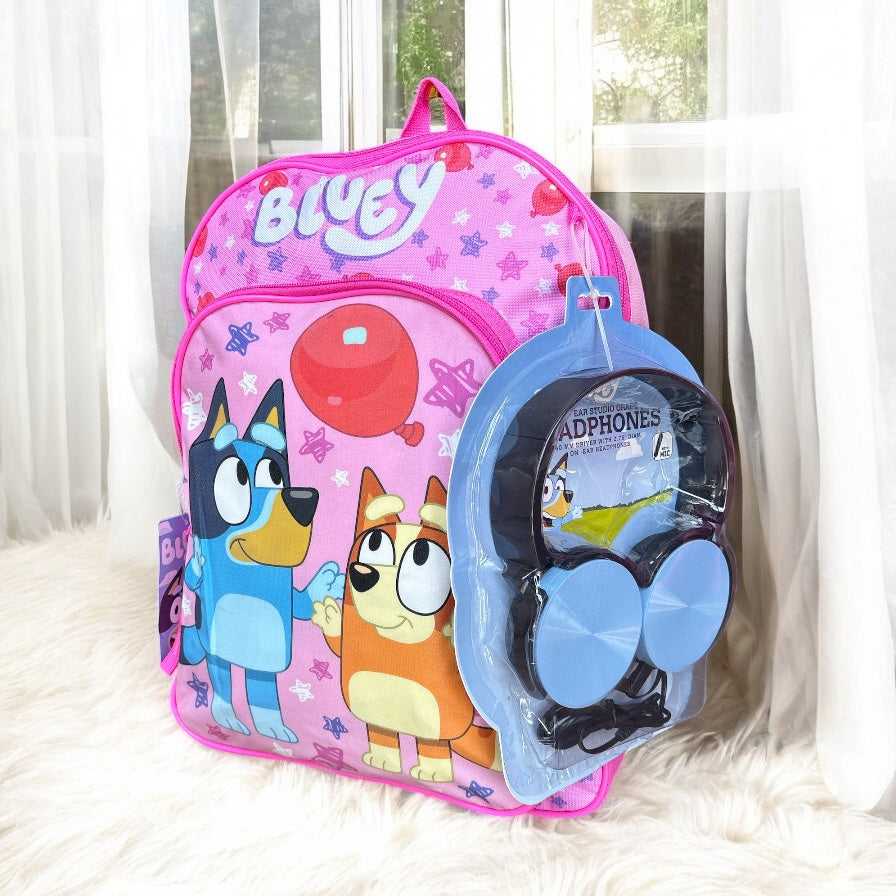 Backpack Bluey rosa, estampado de personajes y audífonos