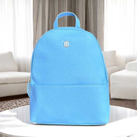 Backpack Tommy H azul claro, strap azul marino y placa dorada