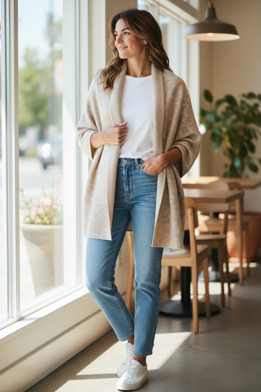 Poncho Calvin k beige con monogram blanco