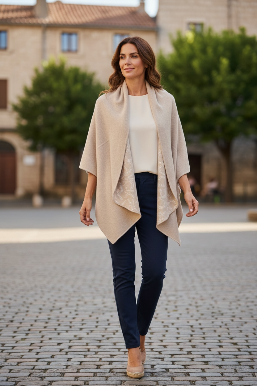 Poncho Calvin k beige con monogram blanco