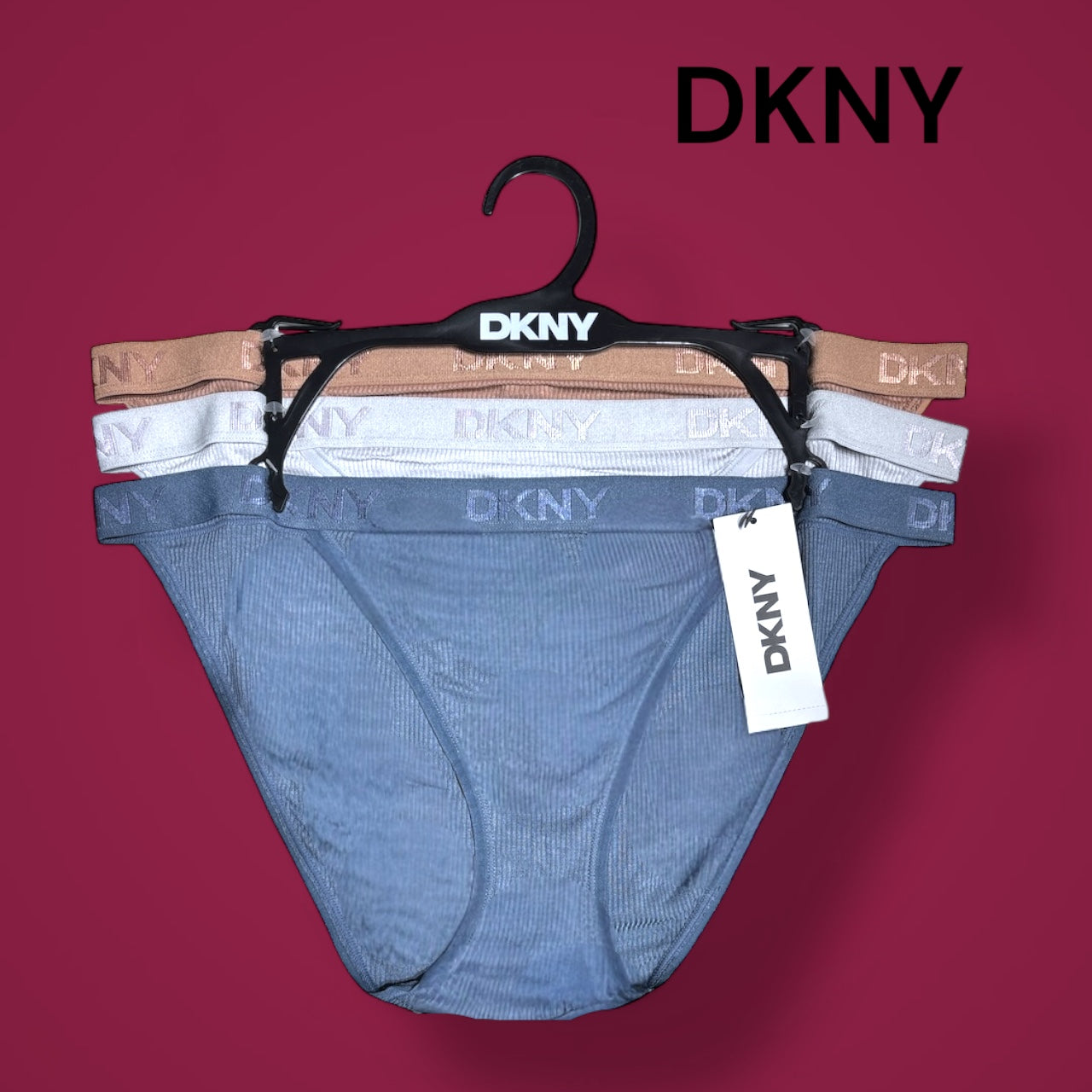 Panties DKNY azul, gris, nude, resorte con letras bordadas