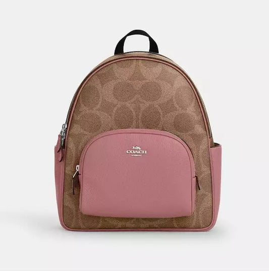 Backpack Coach camel/rosa con canvas doble cierre y placa plateada