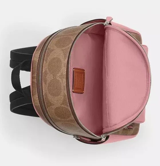 Backpack Coach camel/rosa con canvas doble cierre y placa plateada