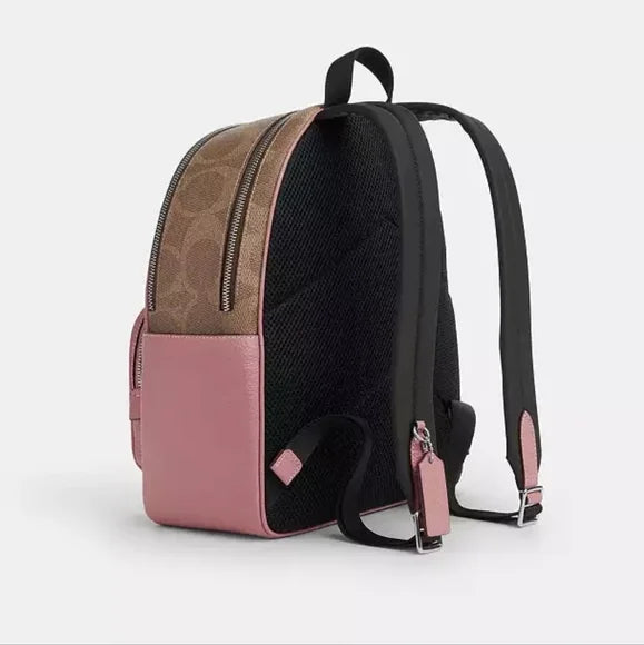 Backpack Coach camel/rosa con canvas doble cierre y placa plateada