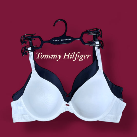 Brasier Tommy H blanco, azul marino, grabado en resorte 2pzs