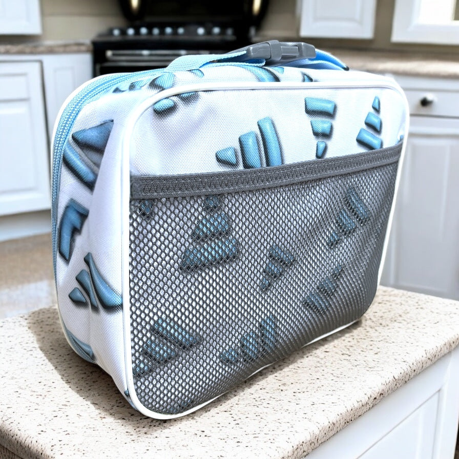 Lonchera Adidas blanca, logo de monogram azul