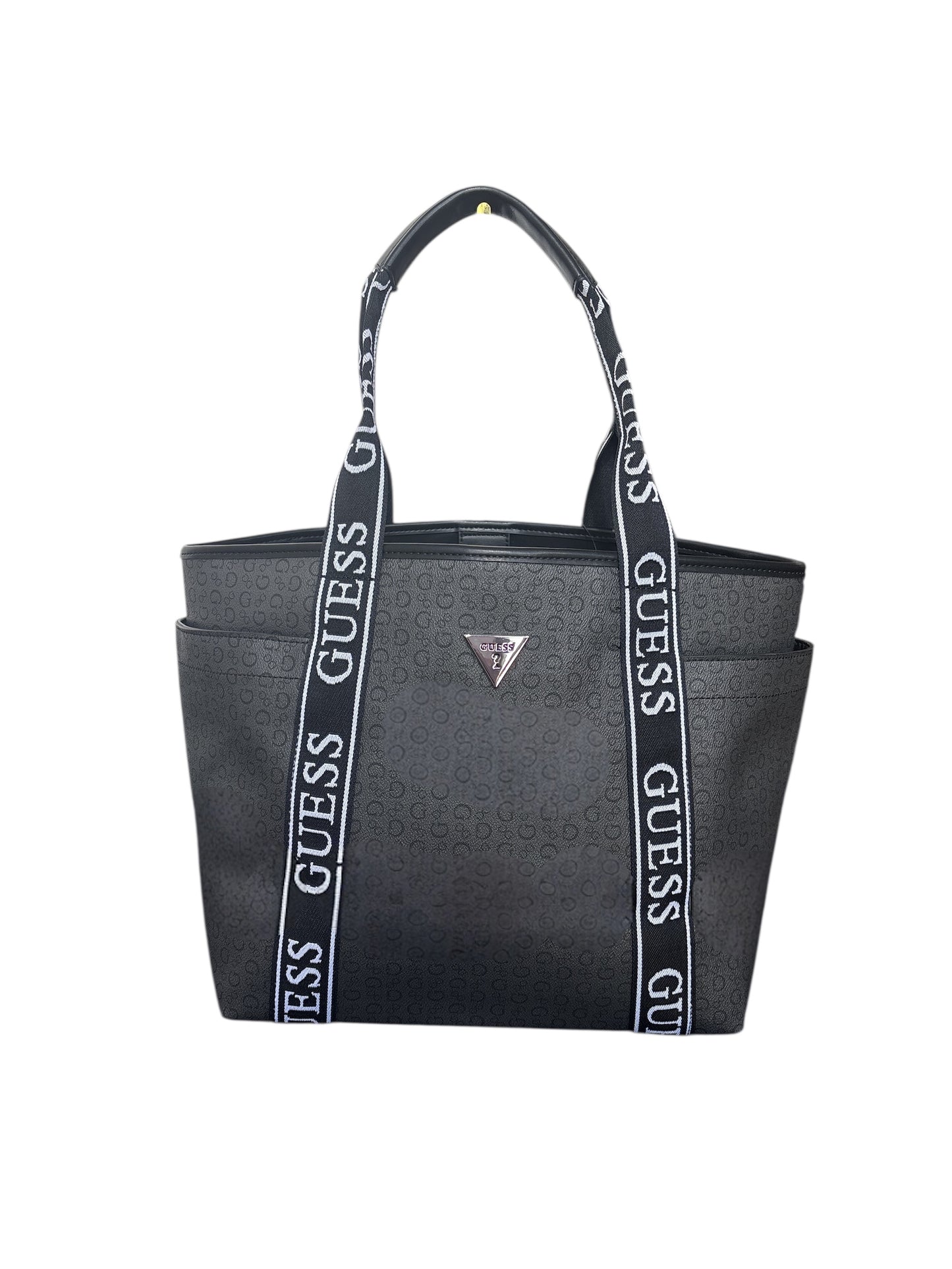 Tote Guess negra con monogram, placa plateada y strap blanco/negro