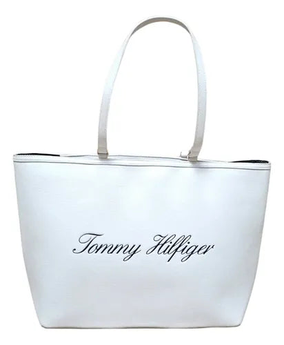 Tote Tommy H blanca logo en letras cursivas