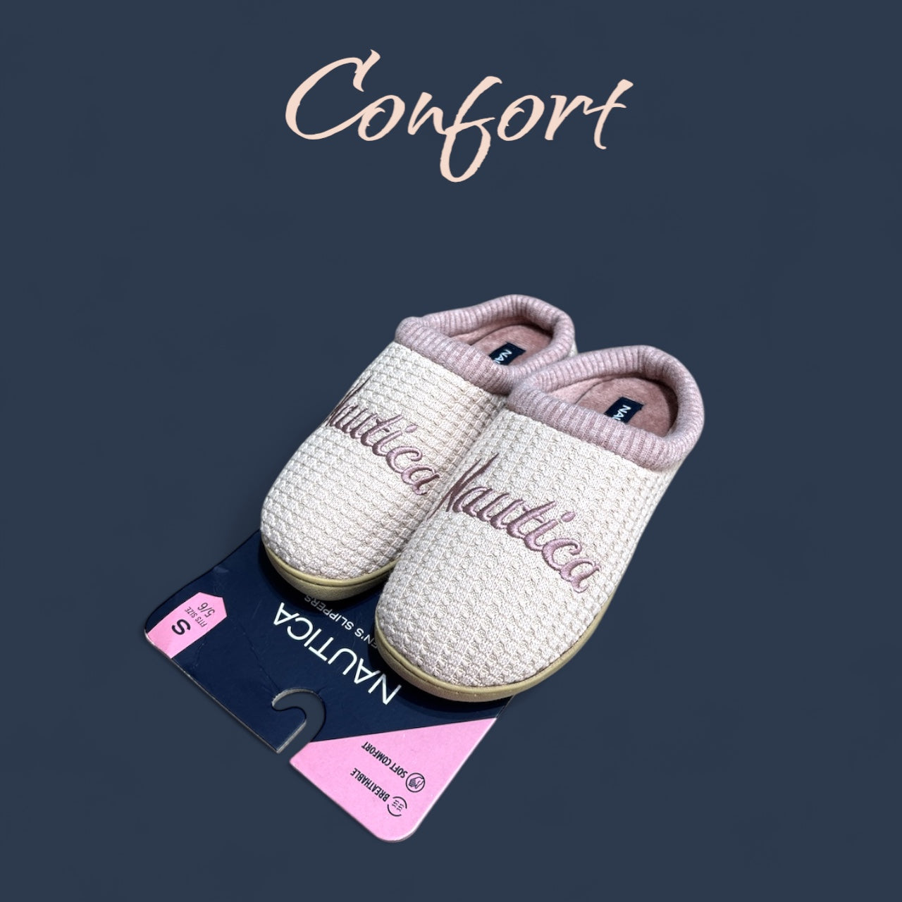 Pantuflas Náutica palo de rosa, letras bordadas, suela camel