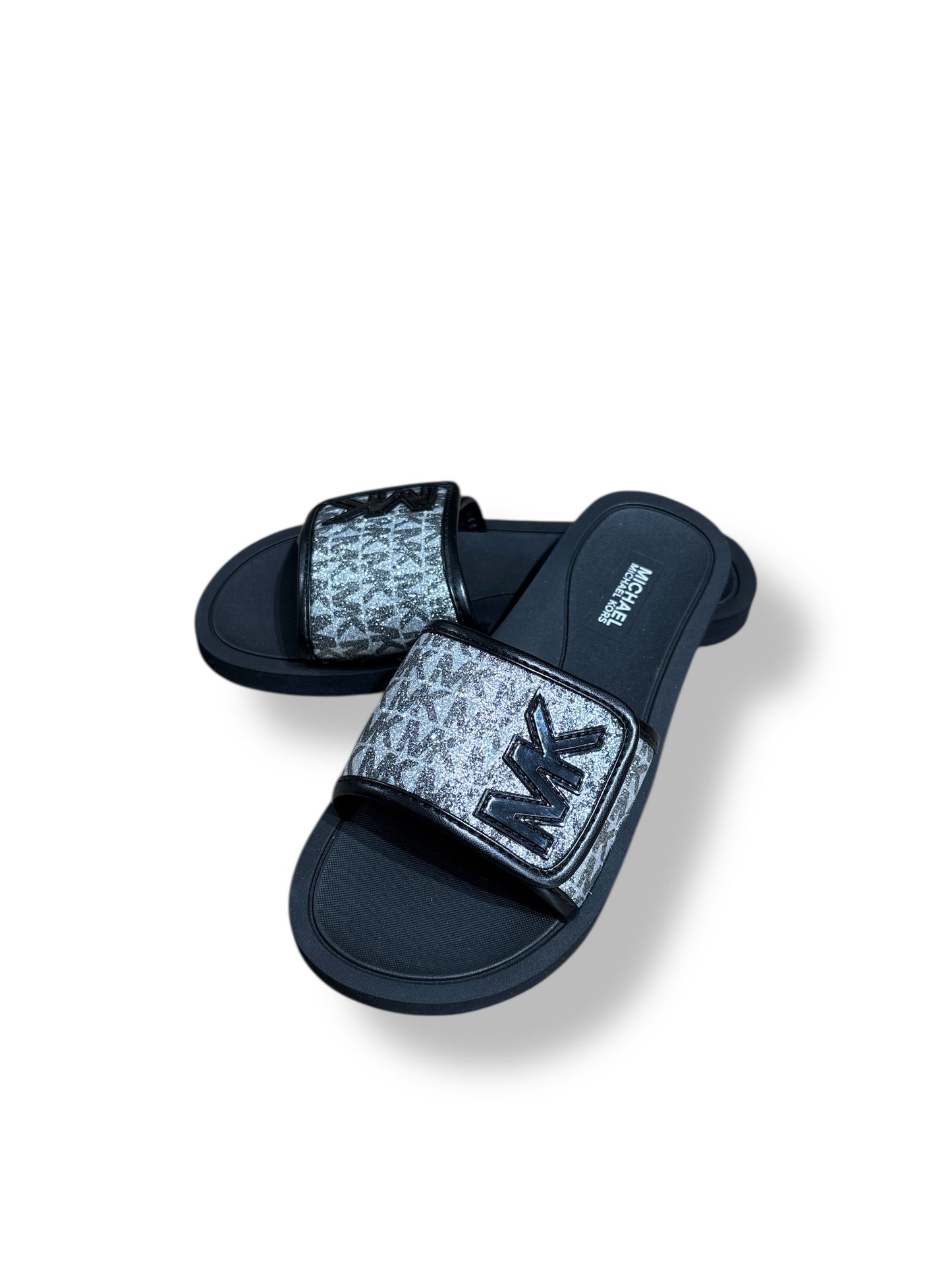 Sandalias Michael k negro/plateado con brillos, MK negro en 3D