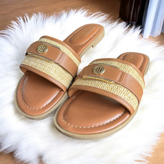 Sandalias Tommy H café/yute placa dorada y suela camel