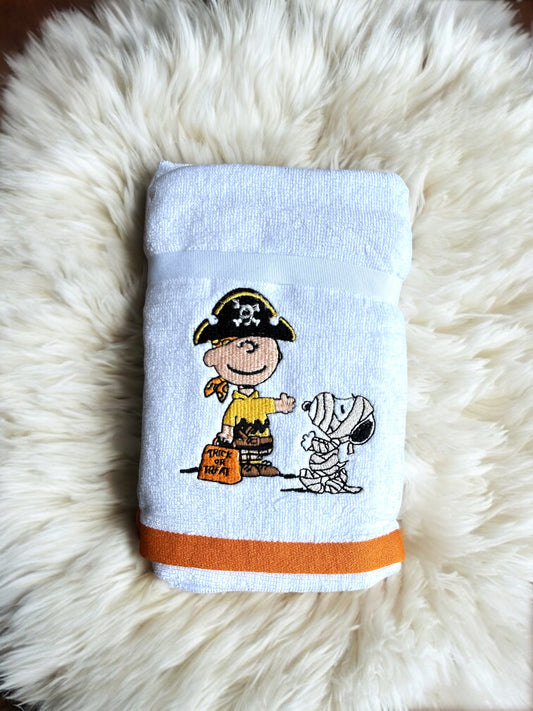Set Toallas para Manos Peanuts blancas, línea naranja con personajes 2 pzs
