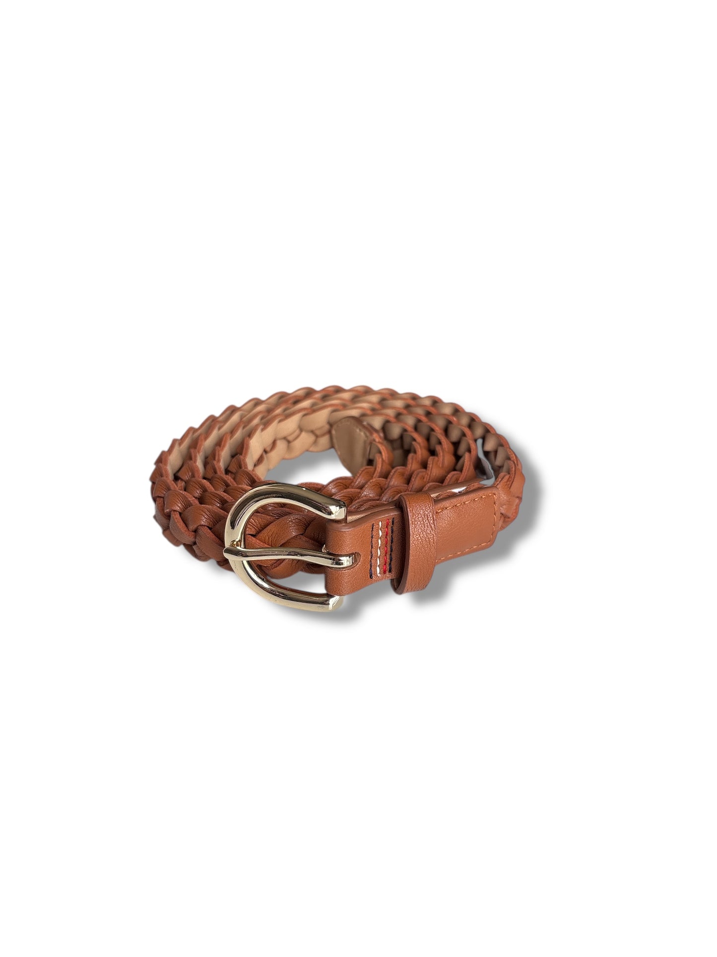 Cinturón Dúo Tommy H camel/trenza placa dorada y negro liso placa plateada