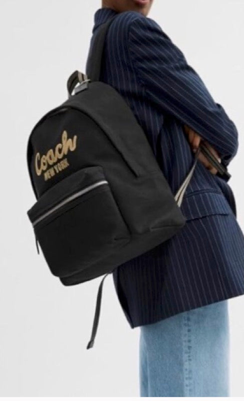 Backpackbook Bag Coach negra, cargo, letras camel
