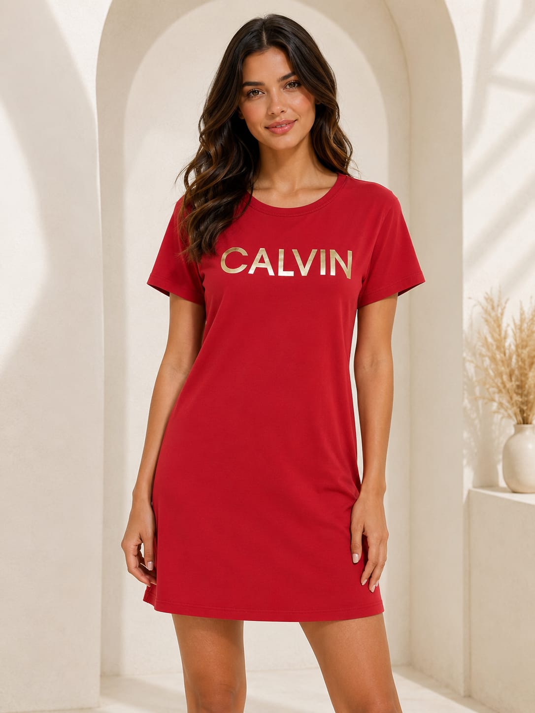Vestido Calvin k rojo con letras blancas