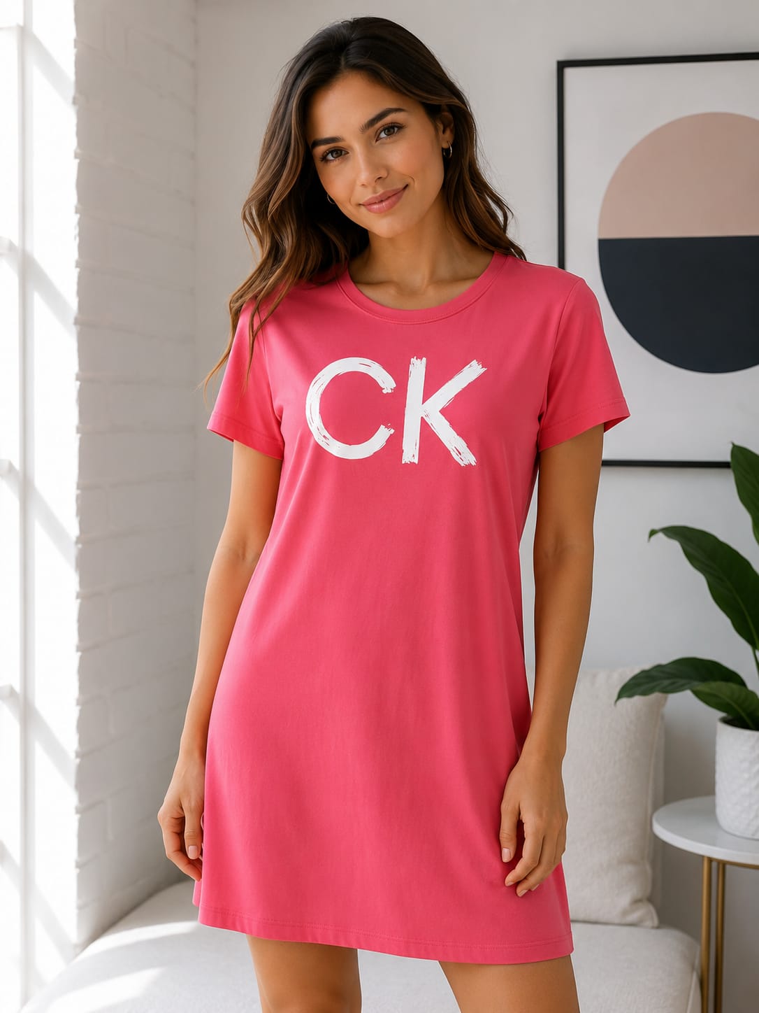 Vestido Calvin k coral con letras beige