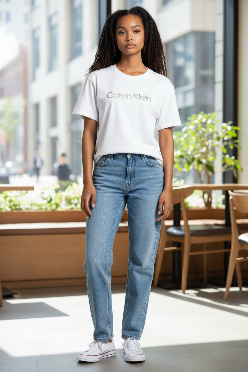 Playera Calvin K blanca con letras plateadas