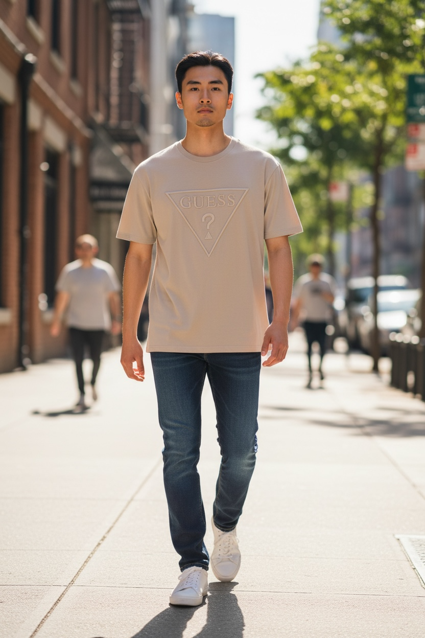 Playera Guess Camel con logo bordado para caballero