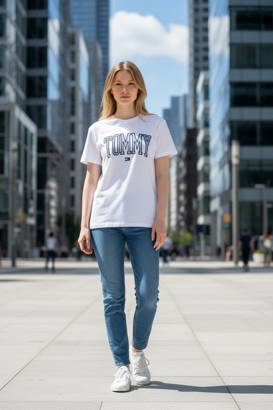 Playera Tommy H blanca con letras azul