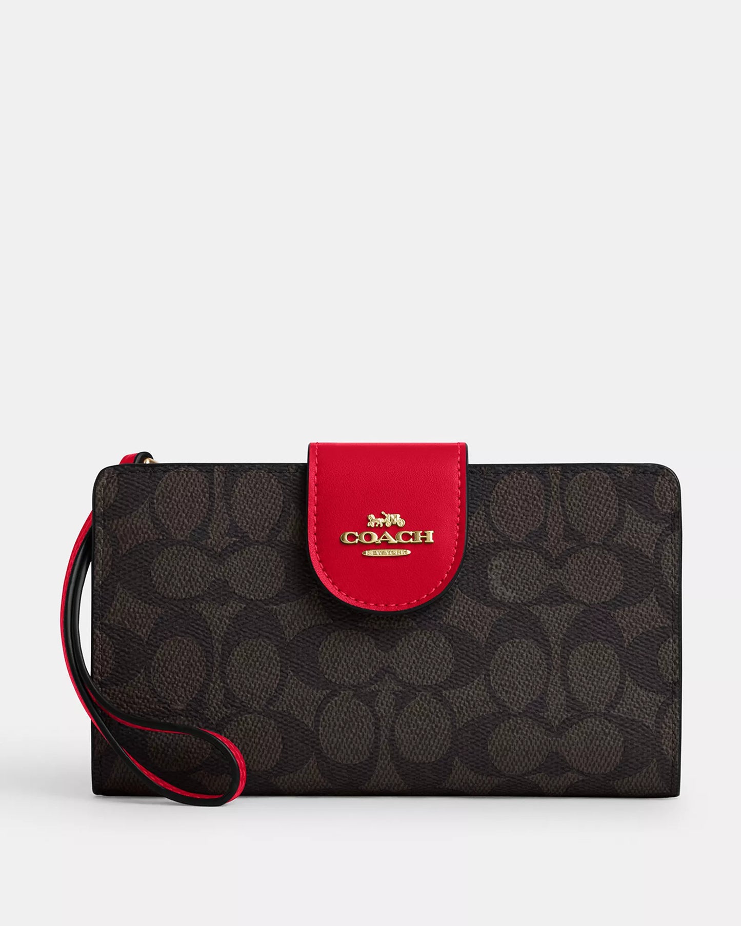 Cartera Coach chocolate/rojo, strap y placa dorada