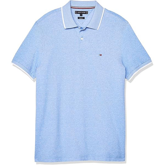 Playera Tommy H tipo polo azul raya de gis, línea mangas/cuello blanco para caballero