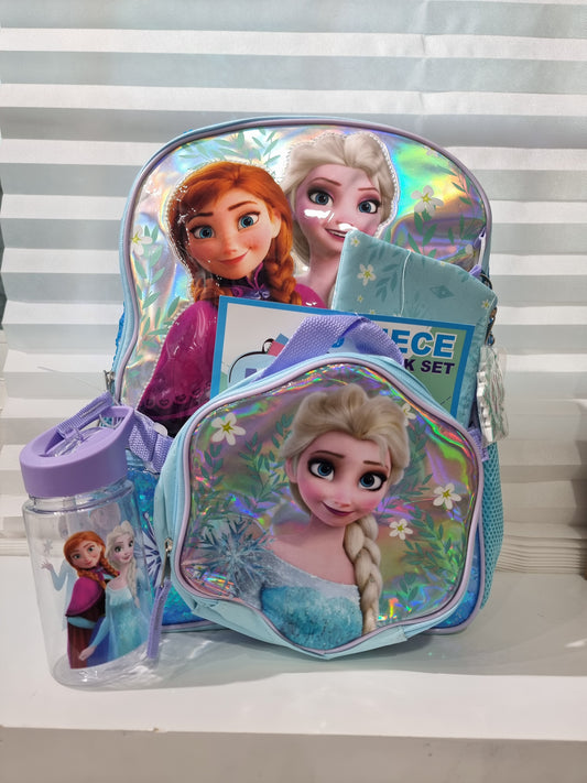 Backpack Disney azul de Frozen con lapicera, lonchera y vaso para agua