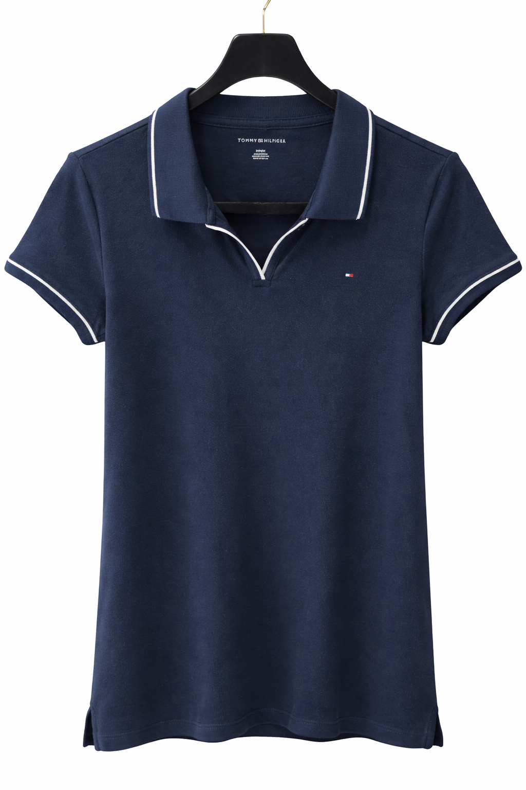 Playera Tommy H azul marino con detalles blancos