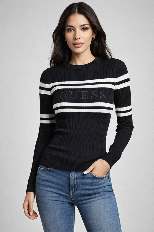 Suéter Guess negro con líneas blancas y letras bordadas