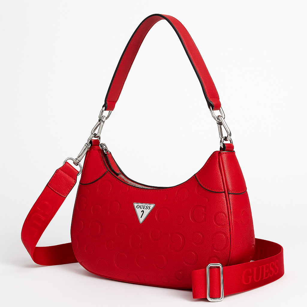 Crossbody/Hobo roja con monogram dos strap y placa plateada