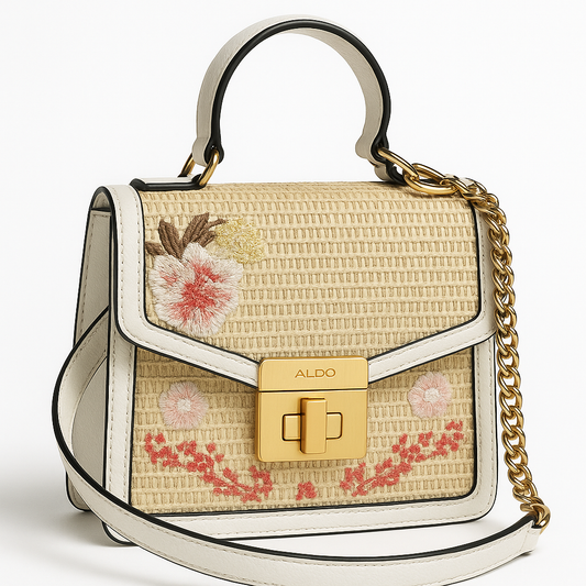 Crossbody Aldo pequeña yute/crema con flores, strap con cadena y placa dorada