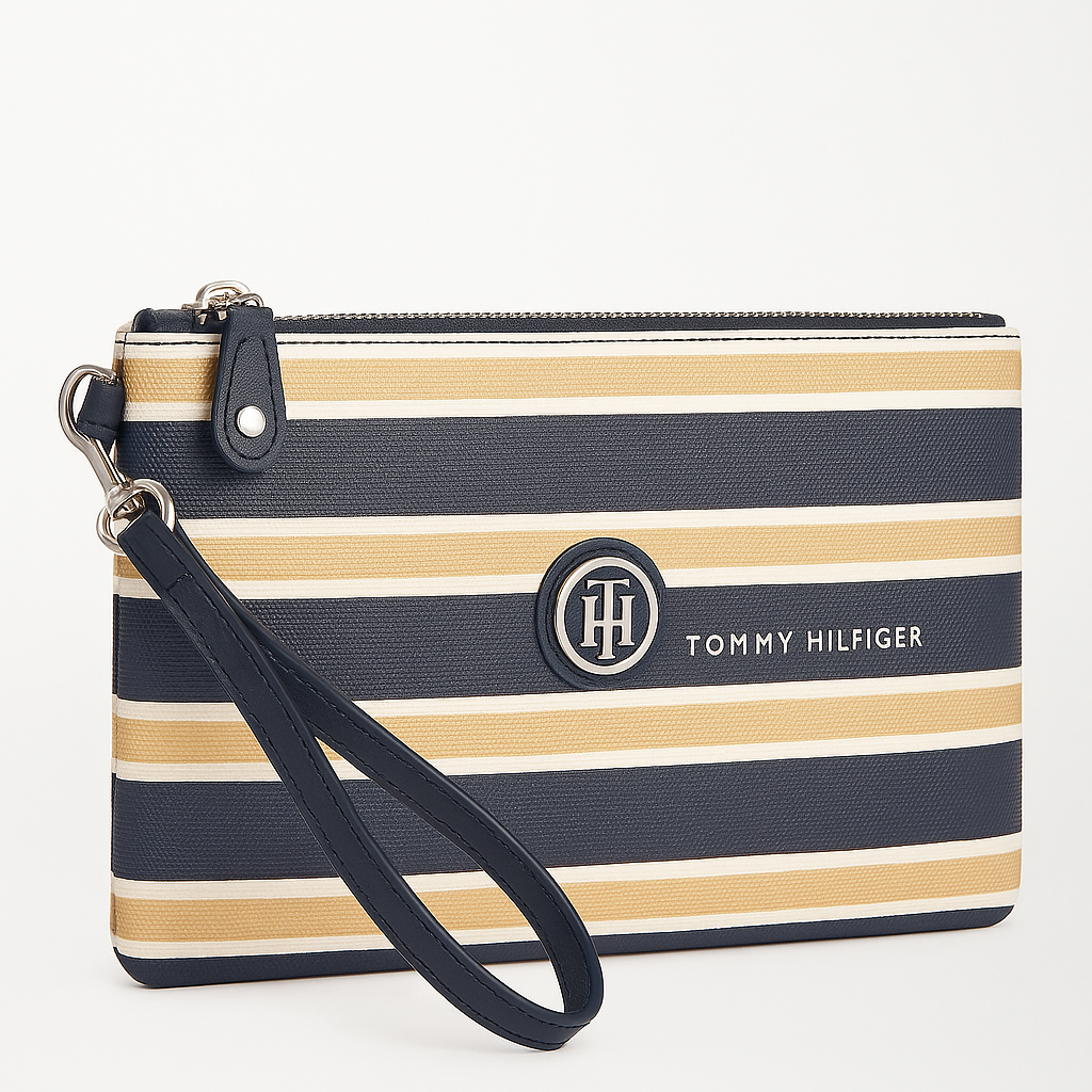 Muñequera Tommy H lineas negra, camel, blanco y placa plateada