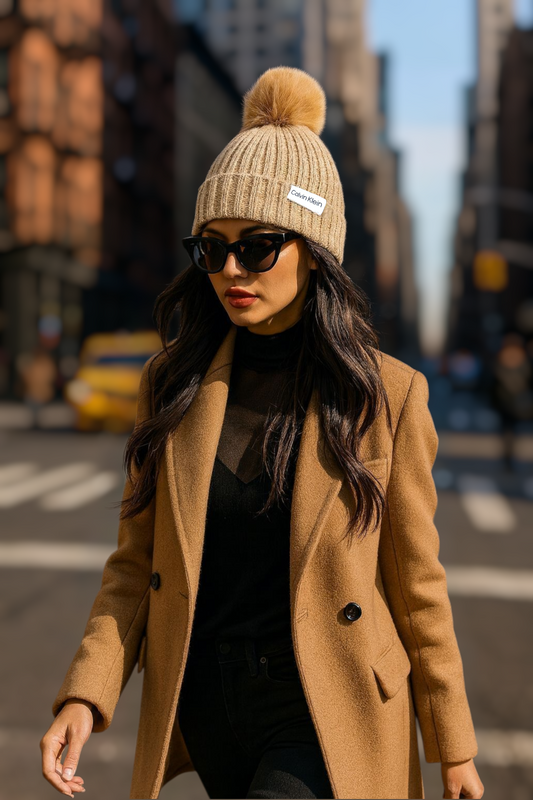 Gorro Calvin K camel con pompones