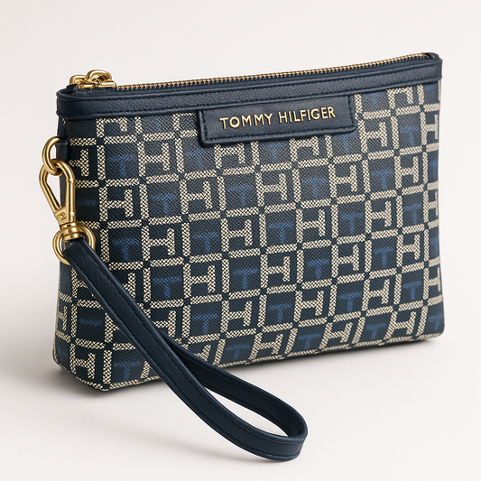 Muñequera Tommy H grande azul marino con monogram azul y blanco